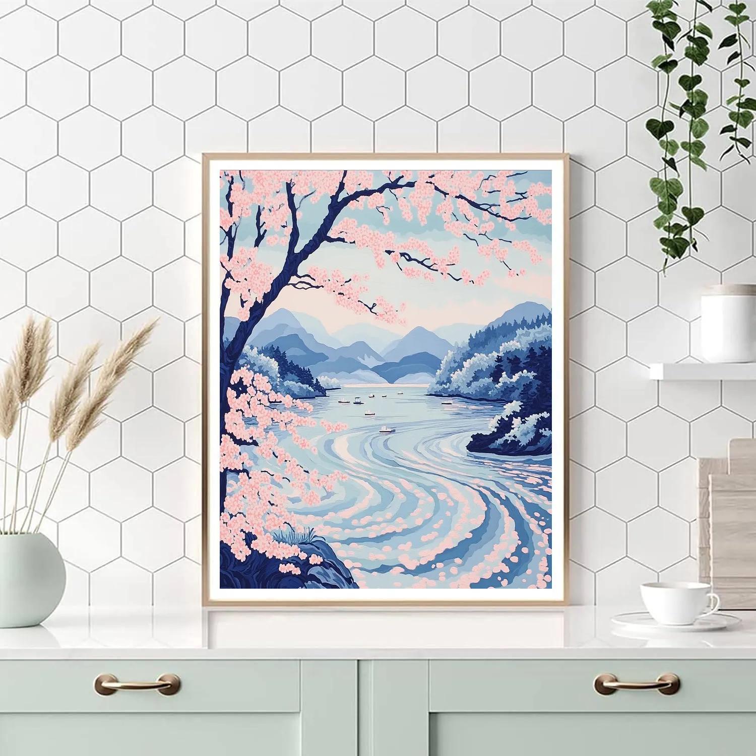 Hokusai Inspired Cherry Blossom River DIY paint by numbers