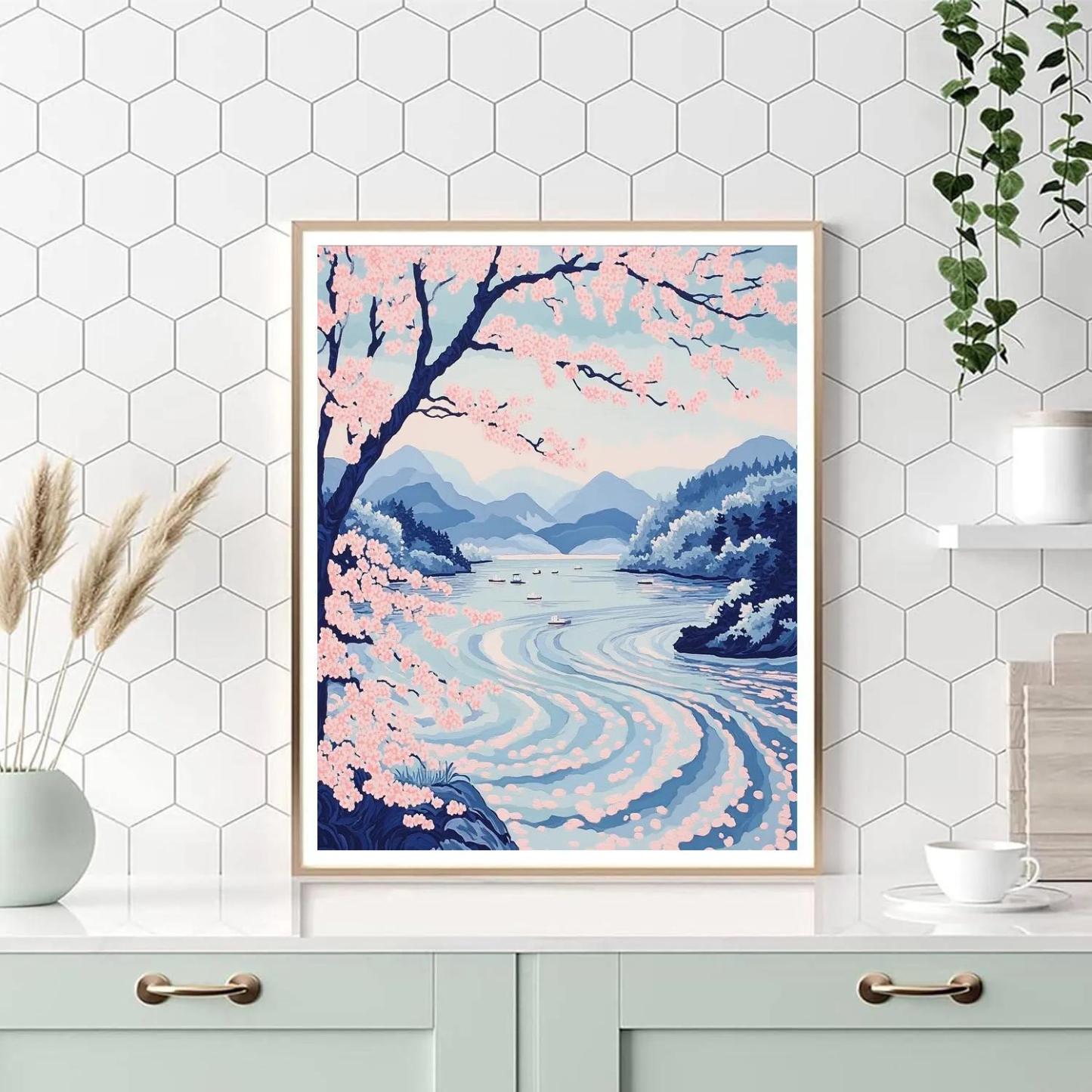 Hokusai Inspired Cherry Blossom River DIY paint by numbers