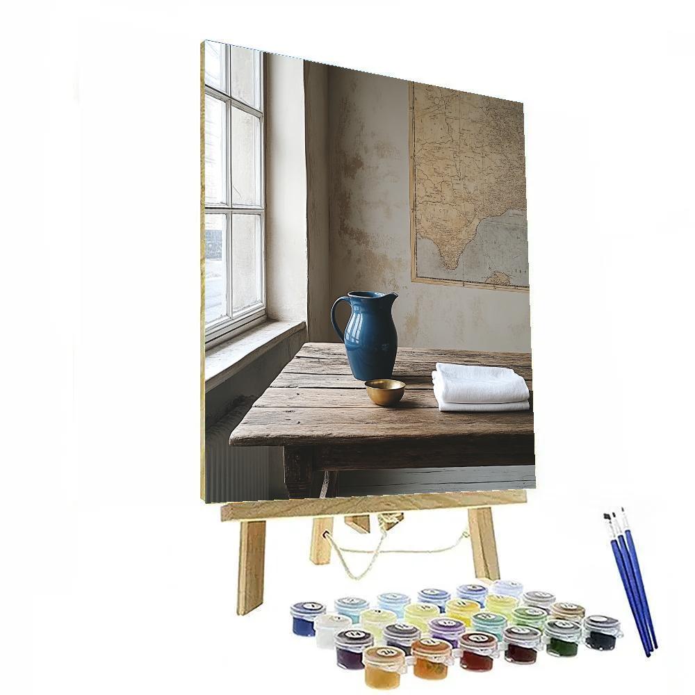 Johannes Vermeer Inspired Quiet Table With Blue Pitcher And Map Wall Numbered painting kits