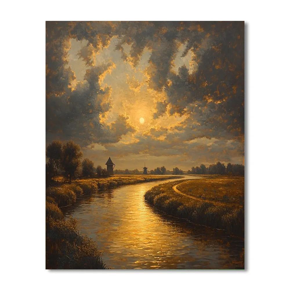 Rembrandt Inspired Golden River Bend Beneath Gathering Twilight paint by color