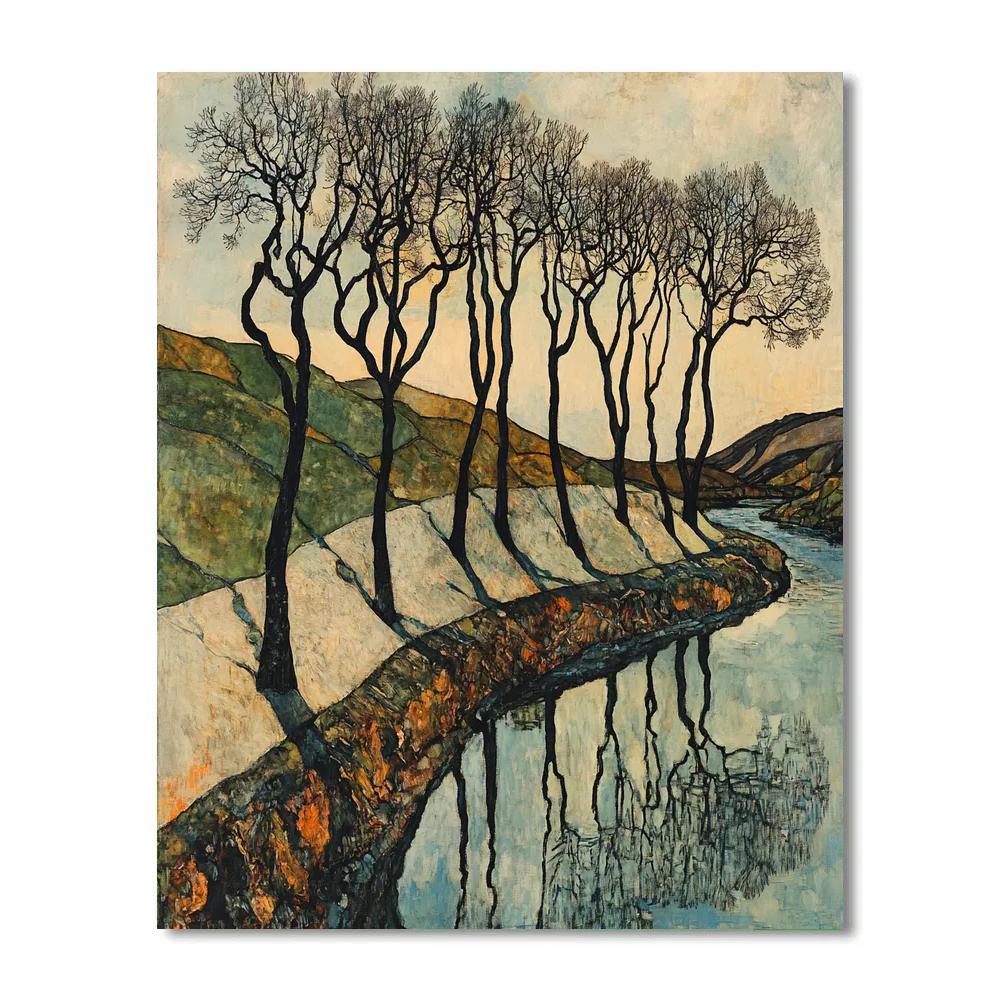 Egon Schiele Inspired Bare Trees By River Number painting