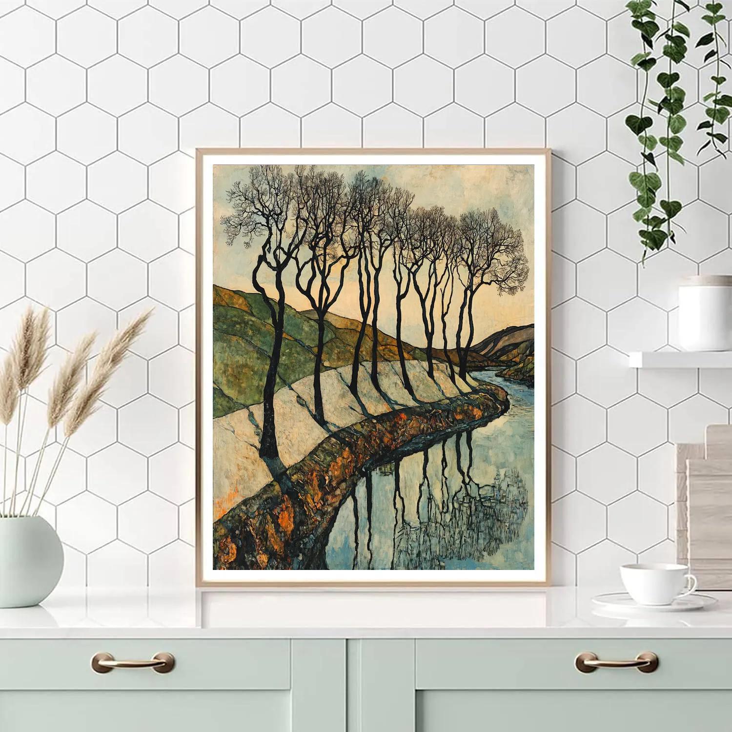 Egon Schiele Inspired Bare Trees By River Number painting