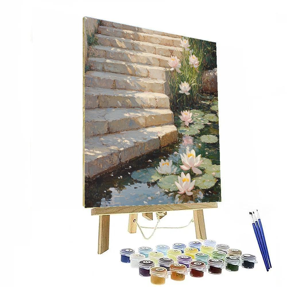 Claude Monet Inspired Sunlit Lilies And Shadows On Garden Steps Of Stone paint by numbers