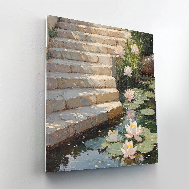 Claude Monet Inspired Sunlit Lilies And Shadows On Garden Steps Of Stone paint by numbers