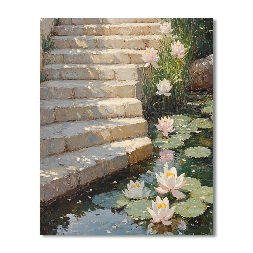 Claude Monet Inspired Sunlit Lilies And Shadows On Garden Steps Of Stone paint by numbers