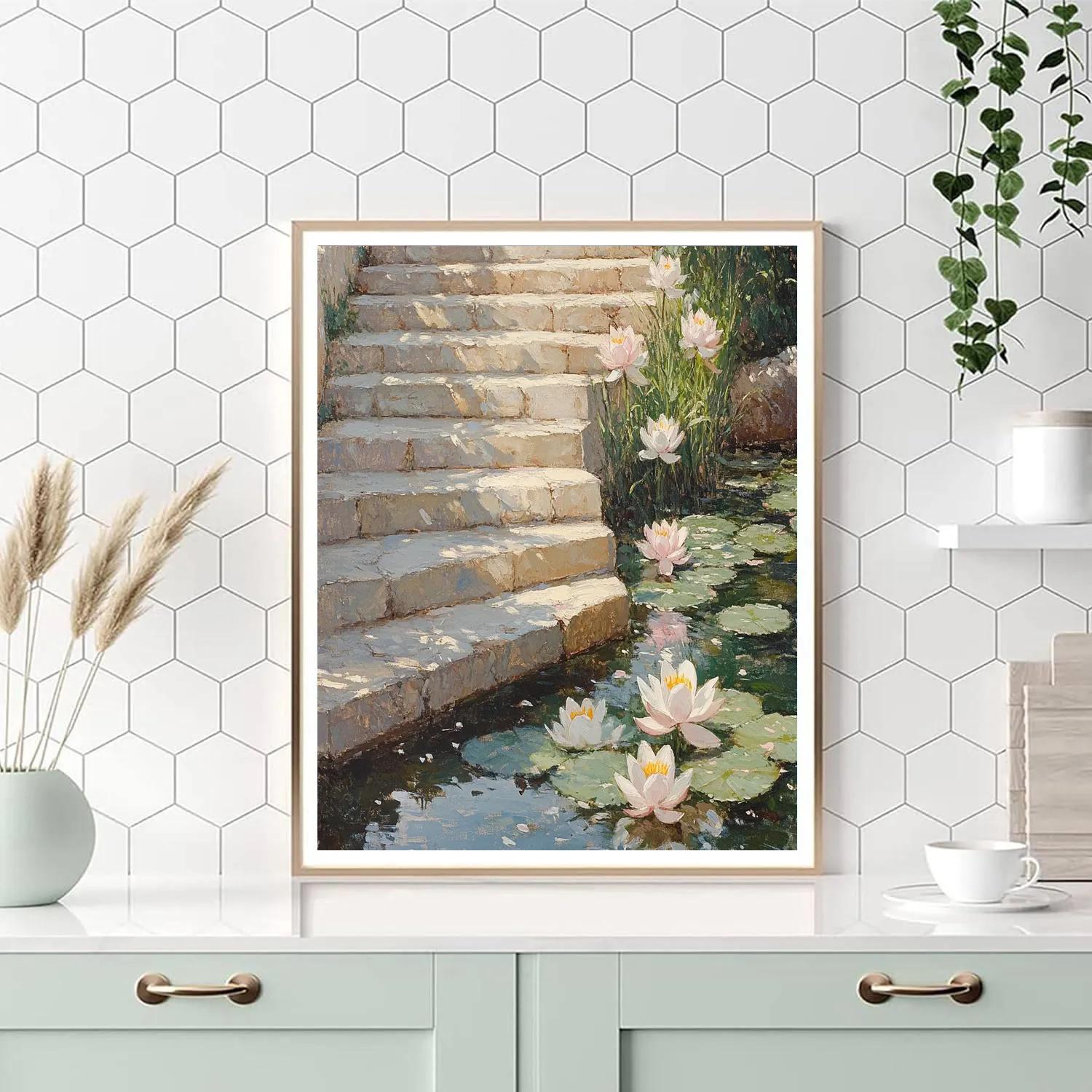 Claude Monet Inspired Sunlit Lilies And Shadows On Garden Steps Of Stone paint by numbers