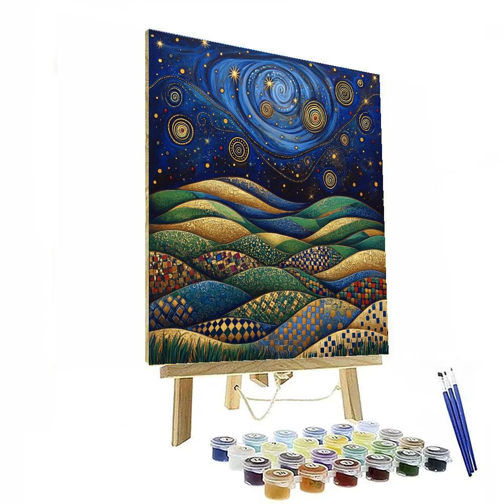 Gustav Klimt Inspired Spiral Night Sky Over Ornamented Hills DIY paint by numbers