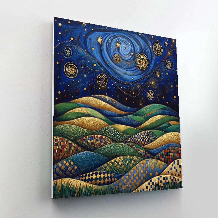 Gustav Klimt Inspired Spiral Night Sky Over Ornamented Hills DIY paint by numbers