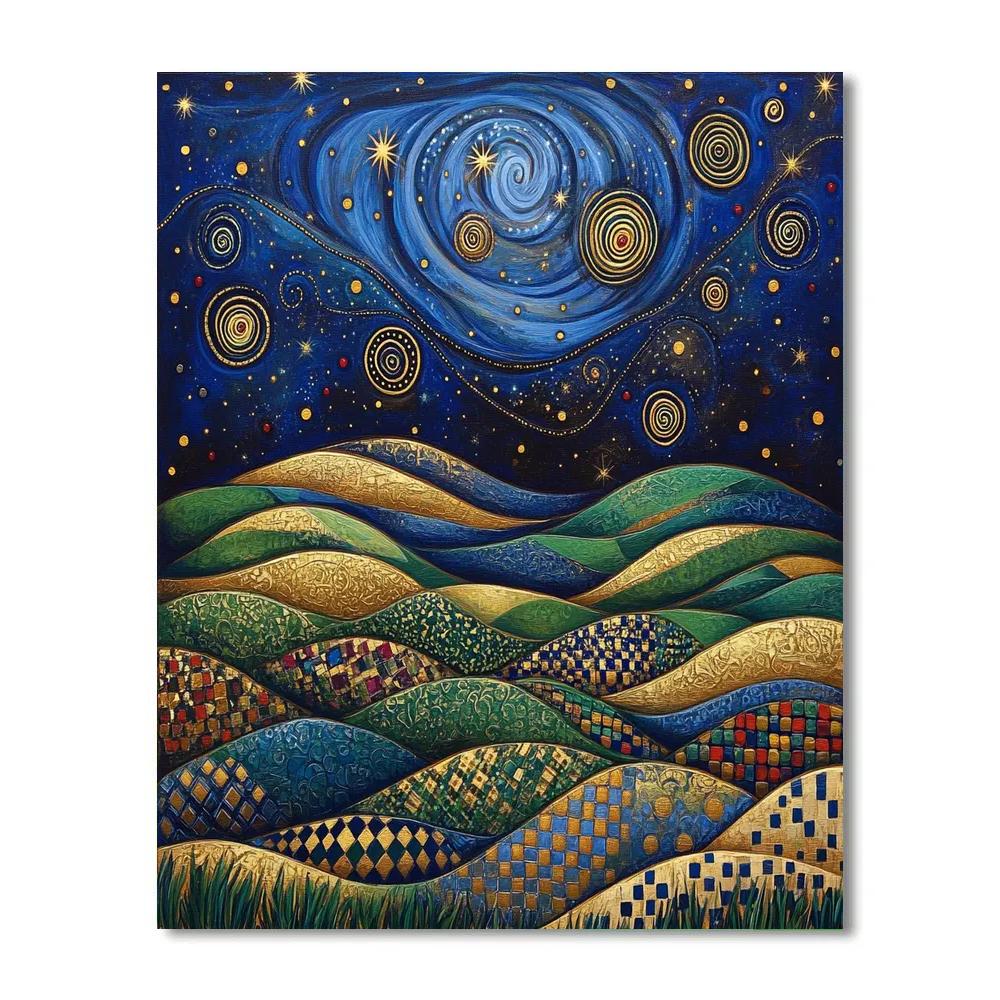 Gustav Klimt Inspired Spiral Night Sky Over Ornamented Hills DIY paint by numbers