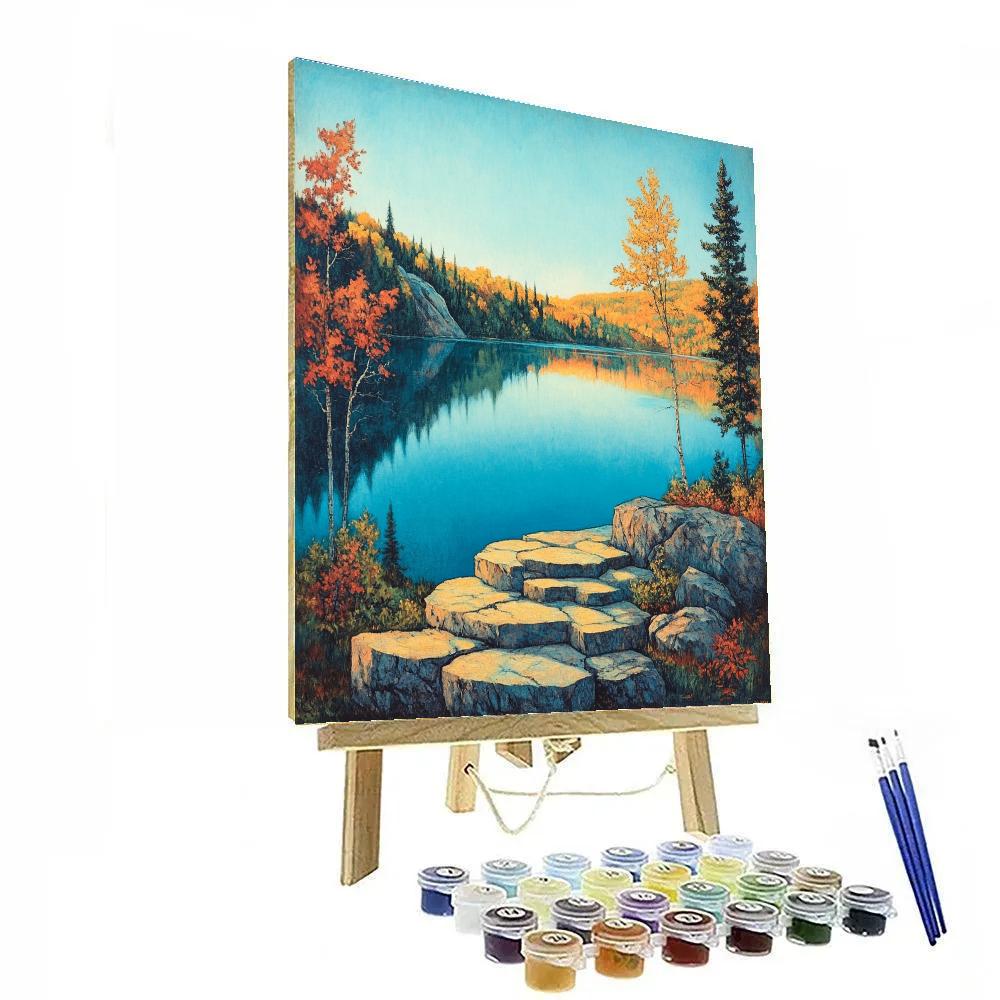 Franklin Carmichael Inspired Autumn Granite Ridge Over Teal Lake paint by number