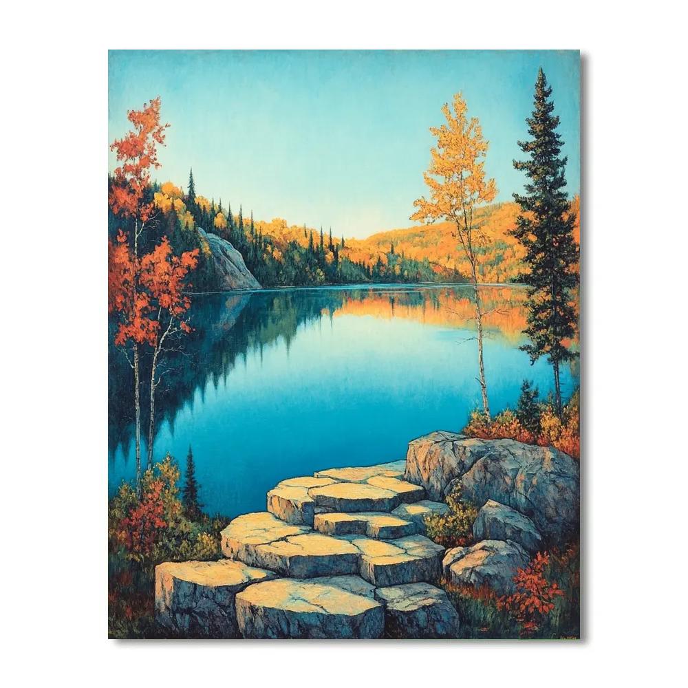 Franklin Carmichael Inspired Autumn Granite Ridge Over Teal Lake paint by number