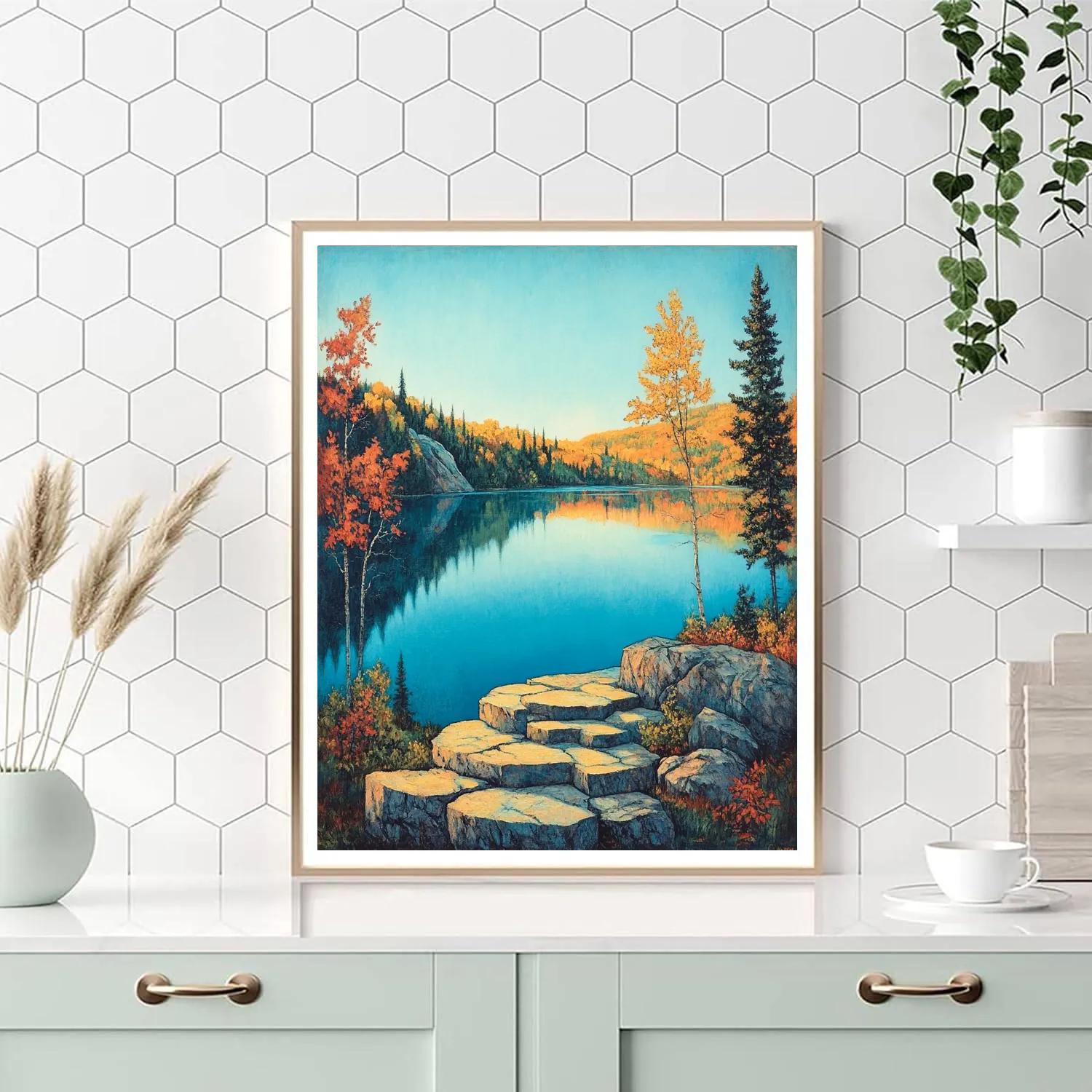 Franklin Carmichael Inspired Autumn Granite Ridge Over Teal Lake paint by number