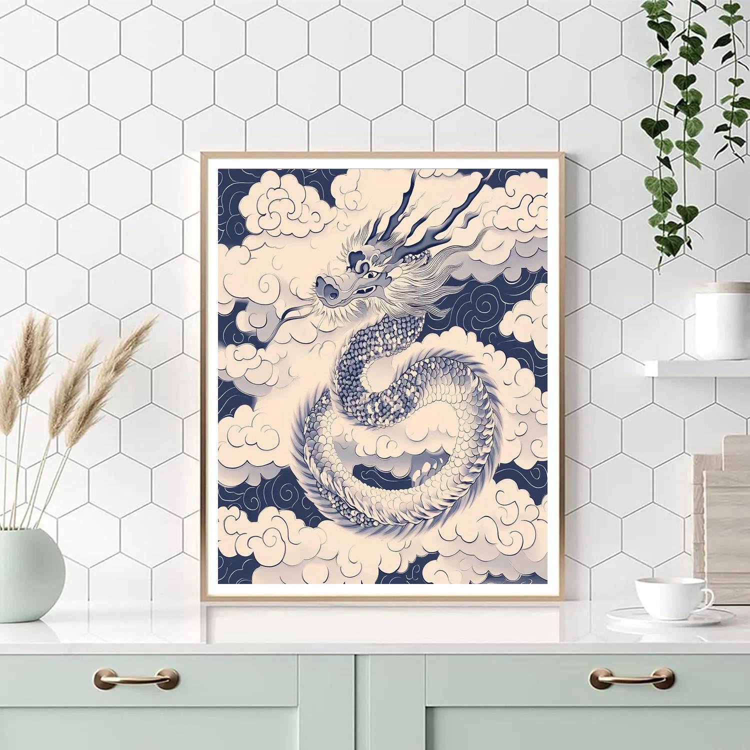 Hokusai Inspired Dragon Among Clouds Numbered painting kits