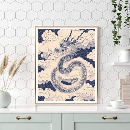 Hokusai Inspired Dragon Among Clouds Numbered painting kits