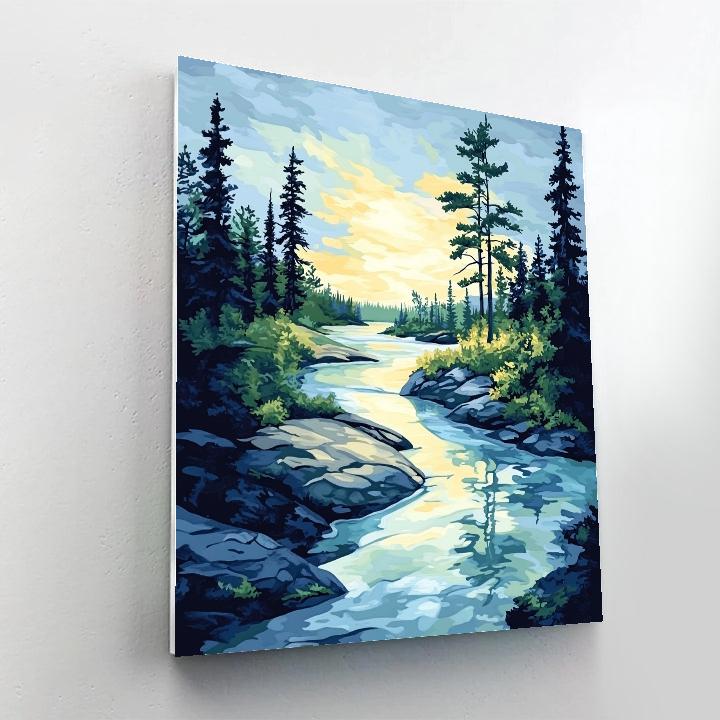 Franklin Carmichael Inspired Spring Melt Stream Through Shield Pines paint by number