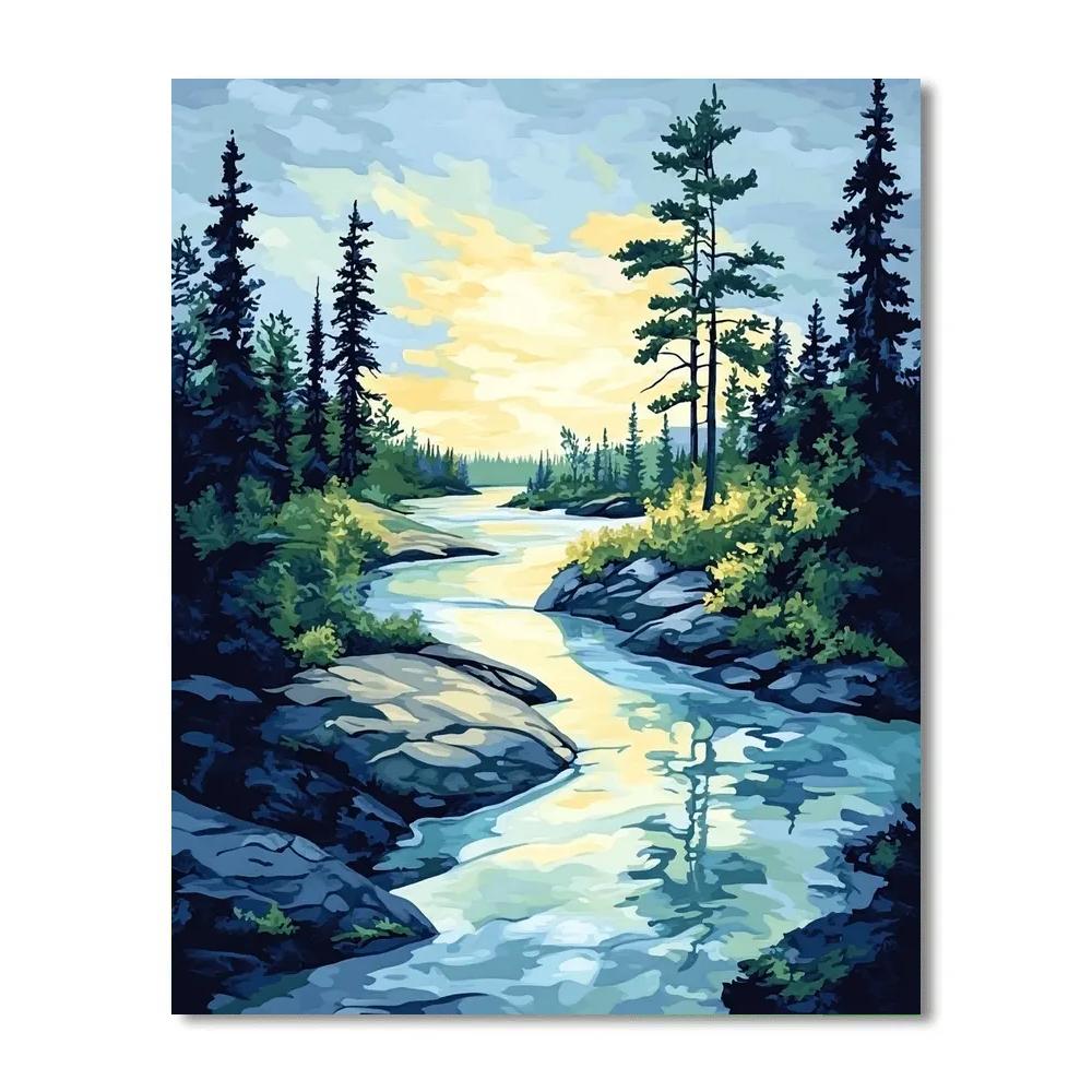 Franklin Carmichael Inspired Spring Melt Stream Through Shield Pines paint by number