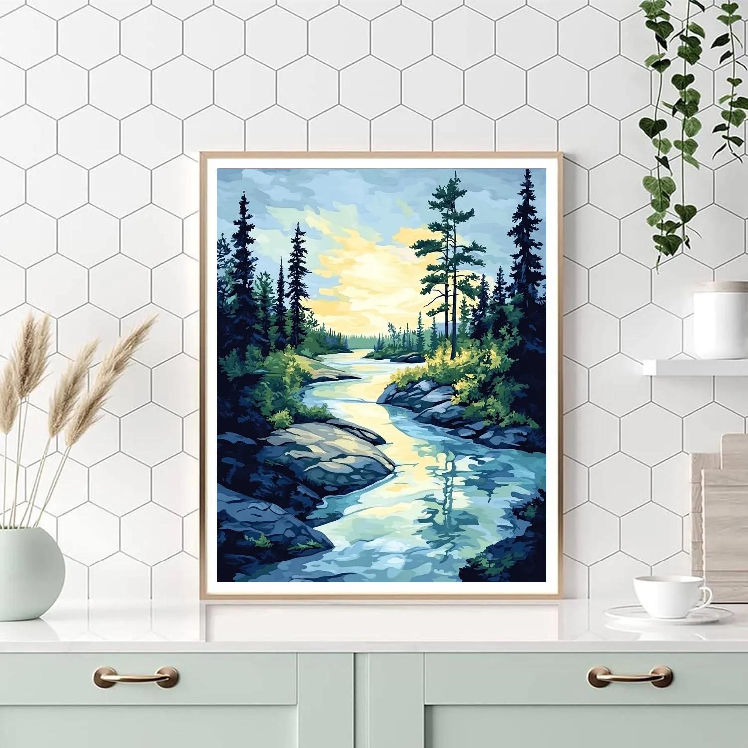 Franklin Carmichael Inspired Spring Melt Stream Through Shield Pines paint by number