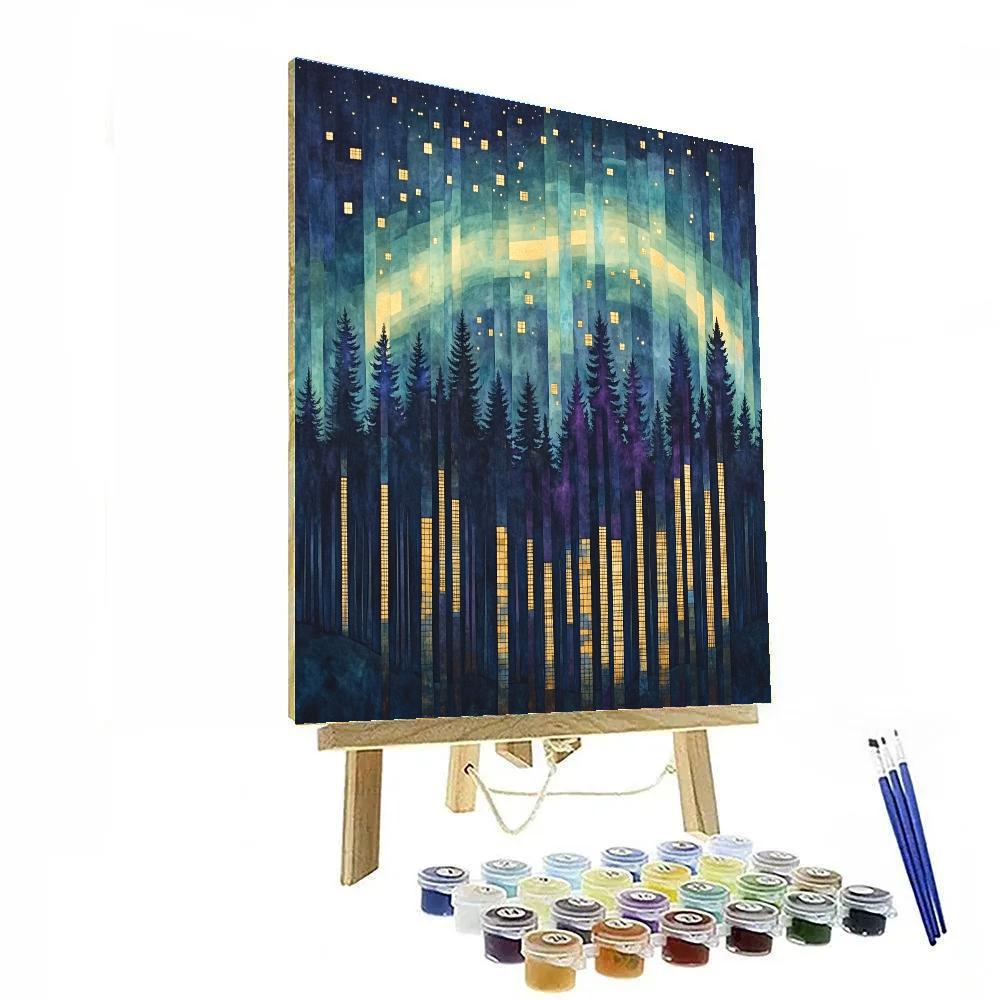 Gustav Klimt Inspired Aurora Over Patterned Forest Numbered painting kits