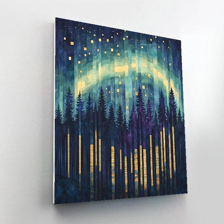 Gustav Klimt Inspired Aurora Over Patterned Forest Numbered painting kits