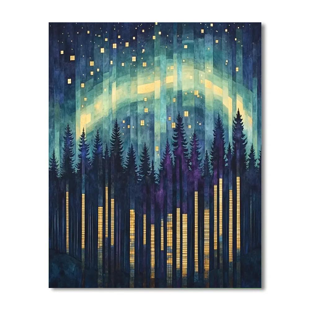 Gustav Klimt Inspired Aurora Over Patterned Forest Numbered painting kits