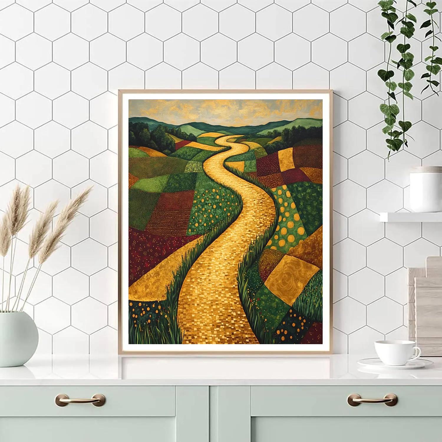 Gustav Klimt Inspired Golden River Through Checkerboard Fields Painting by numbers kit