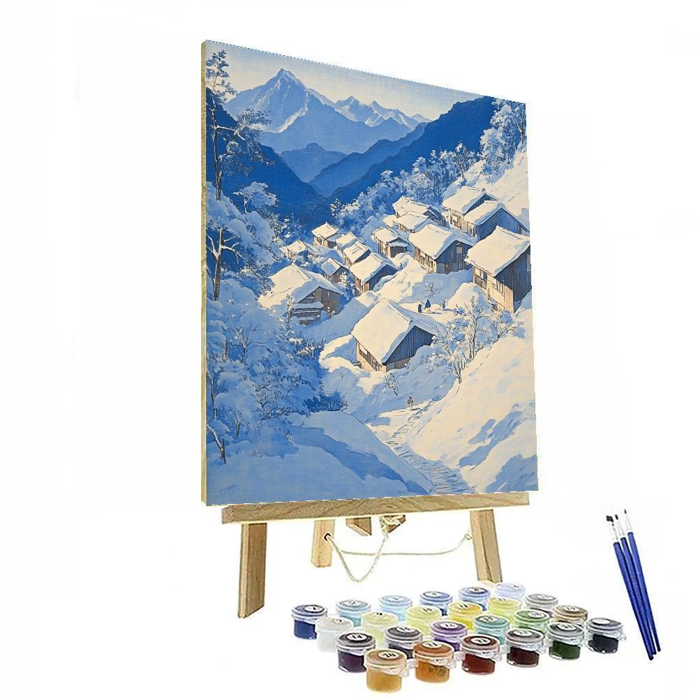 Hokusai Inspired Snowy Mountain Village Paint by numbers art