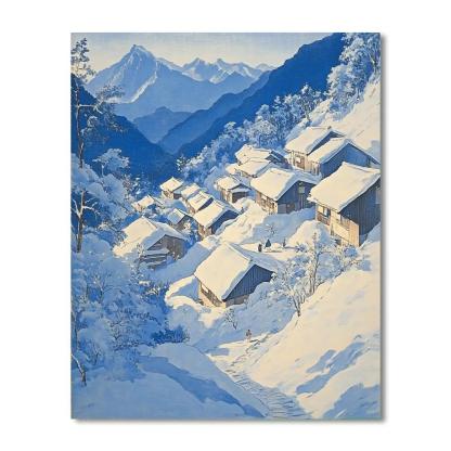 Hokusai Inspired Snowy Mountain Village Paint by numbers art