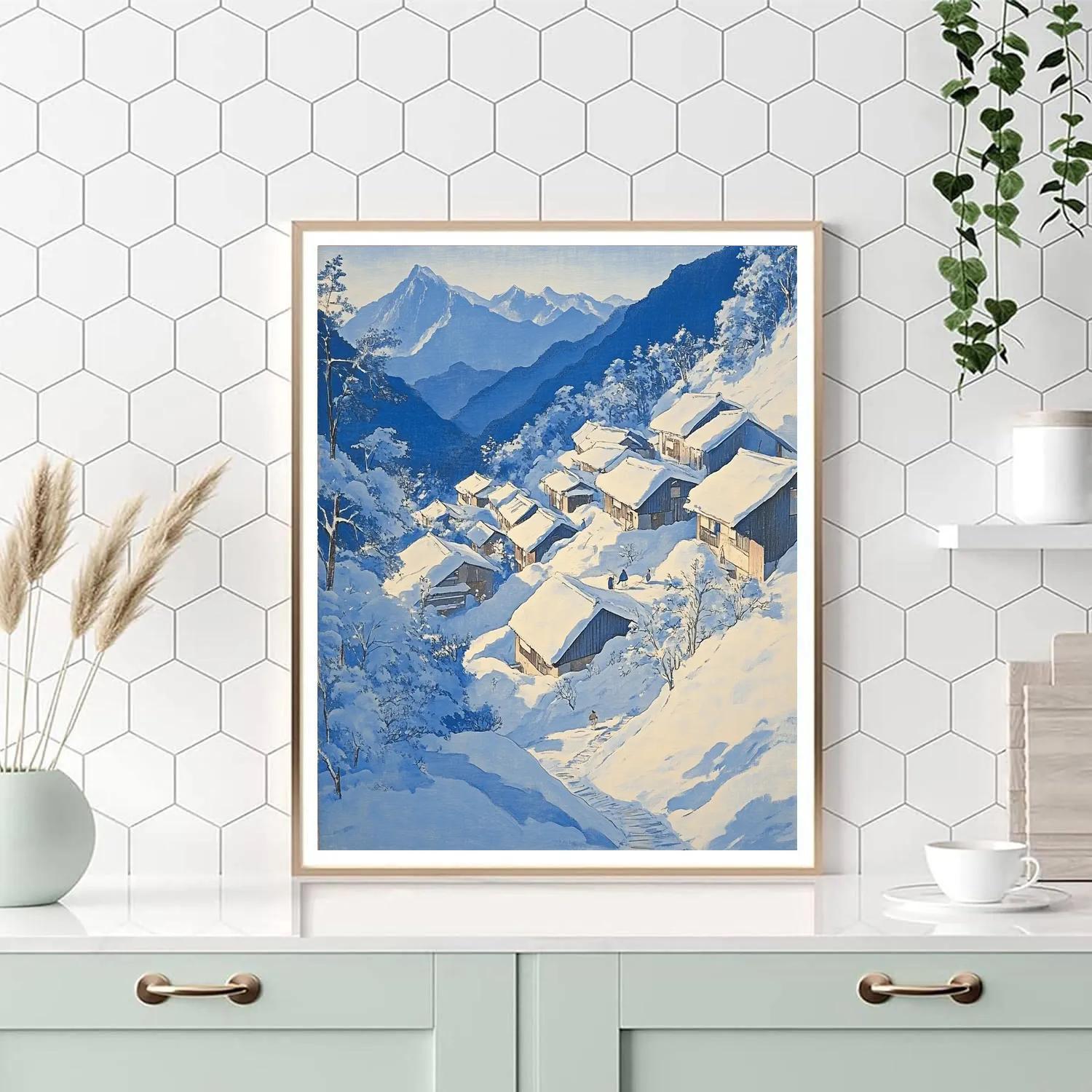 Hokusai Inspired Snowy Mountain Village Paint by numbers art