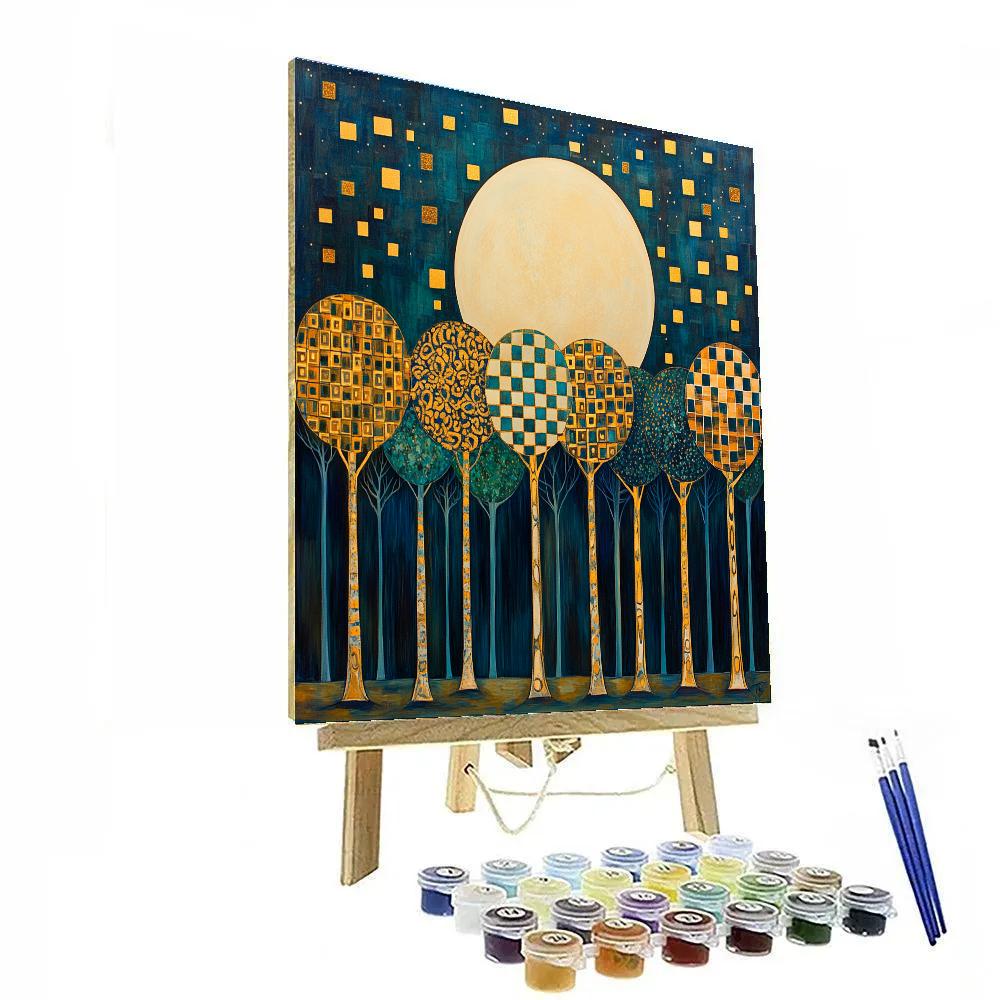 Gustav Klimt Inspired Moonlit Orchard In Gold And Indigo paint by color