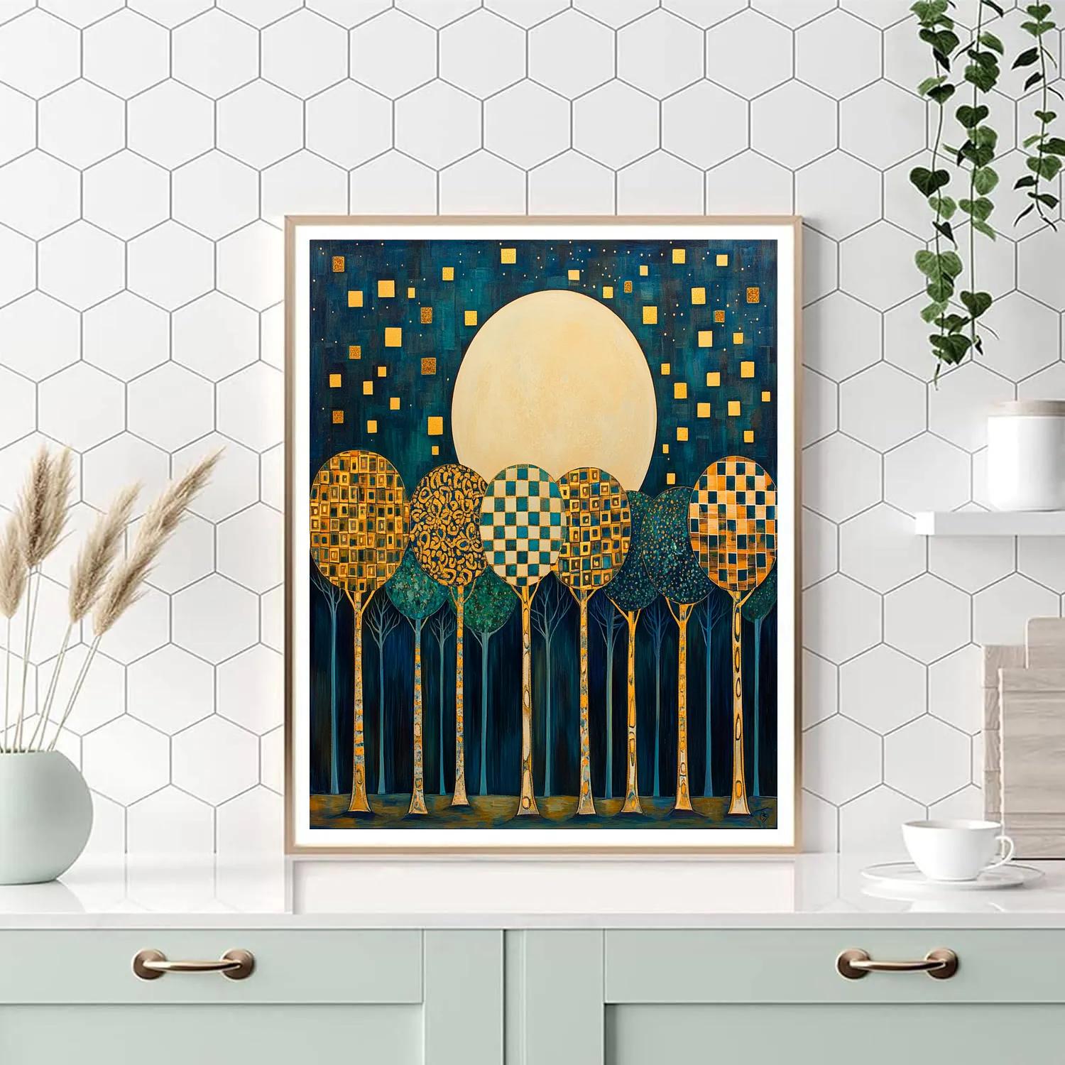 Gustav Klimt Inspired Moonlit Orchard In Gold And Indigo paint by color