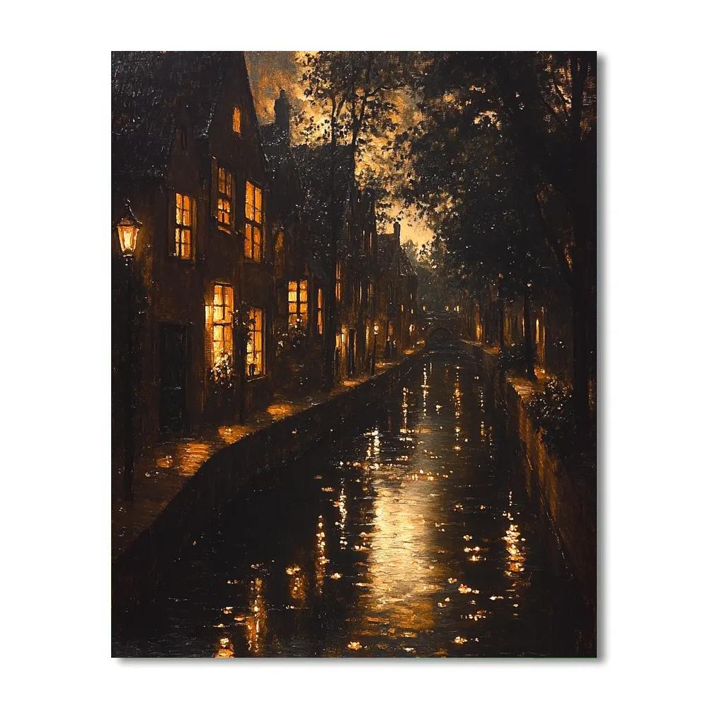 Rembrandt Inspired Nighttime Canal Scene paint by number