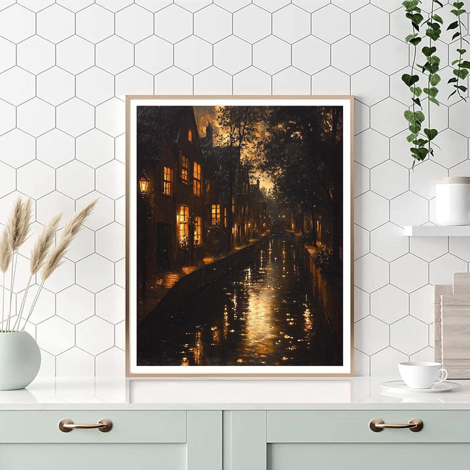 Rembrandt Inspired Nighttime Canal Scene paint by number