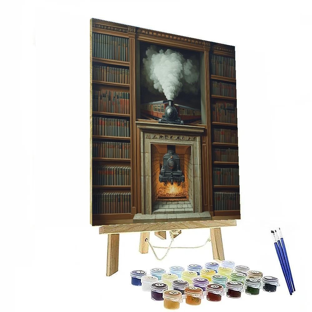 Magritte Inspired Train Emerging From Library Paint by numbers kits