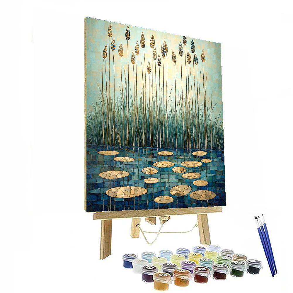 Gustav Klimt Inspired Golden Marsh With Reeds And Reflections Paint by numbers art