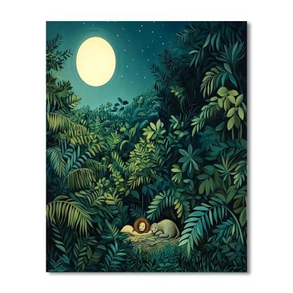 Henri Rousseau Inspired Moonlit Jungle Dream paint by color