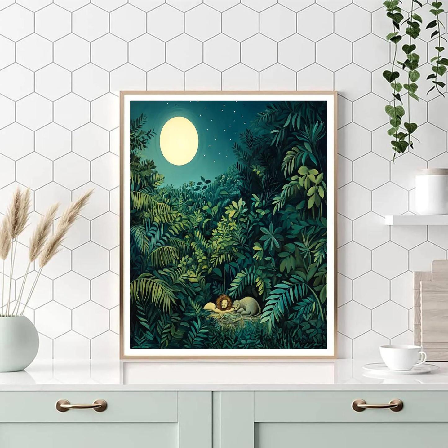 Henri Rousseau Inspired Moonlit Jungle Dream paint by color