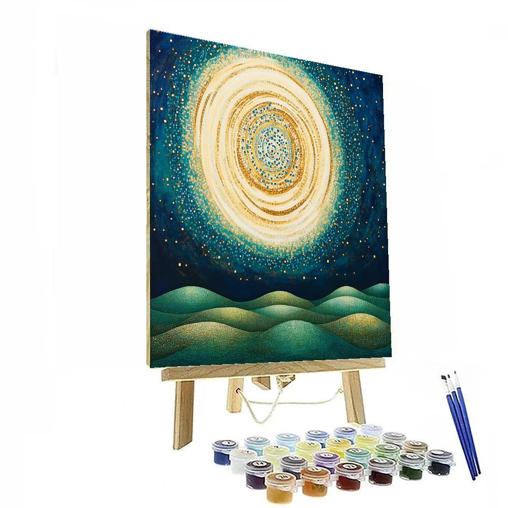 Gustav Klimt Inspired Golden Spiral Galaxy Above Hills Numbered painting kits