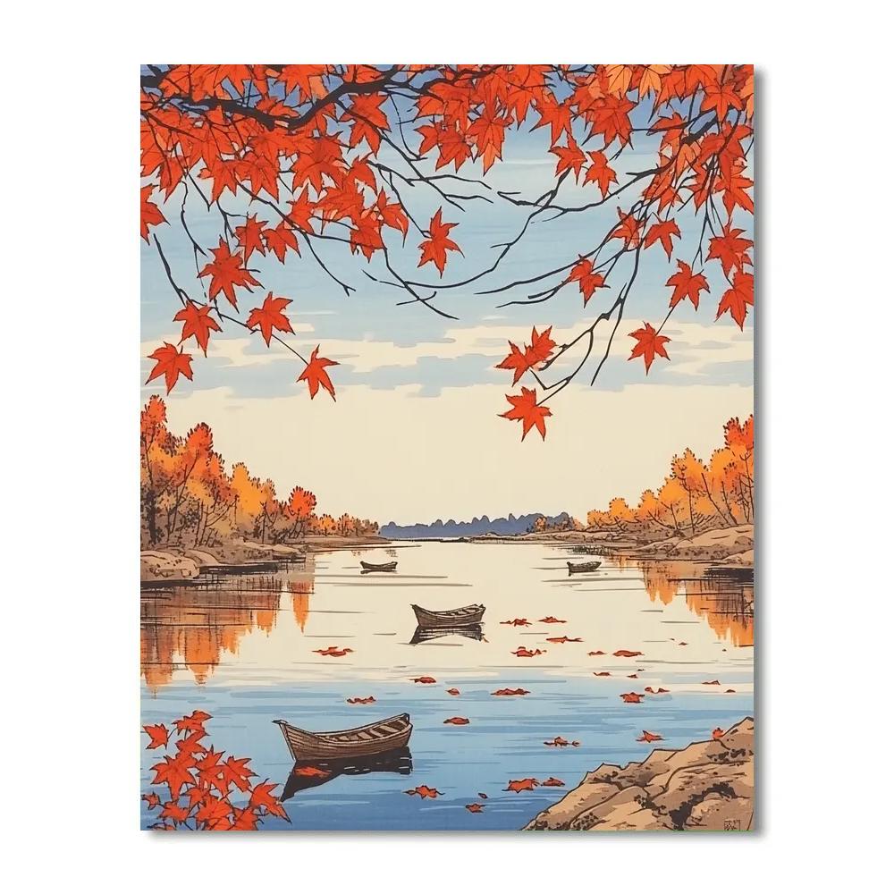 Hiroshige Inspired Autumn Leaves Over River painting number kit