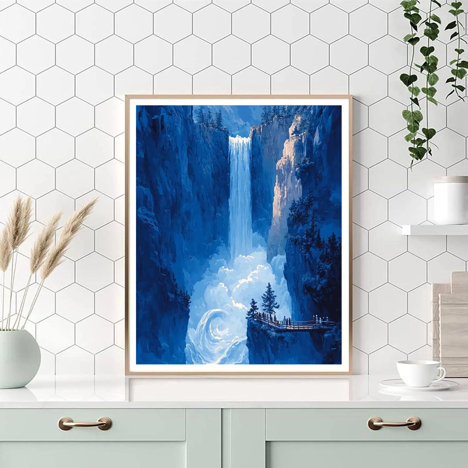 Hokusai Inspired Cascading Waterfall Gorge paint by color
