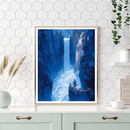 Hokusai Inspired Cascading Waterfall Gorge paint by color