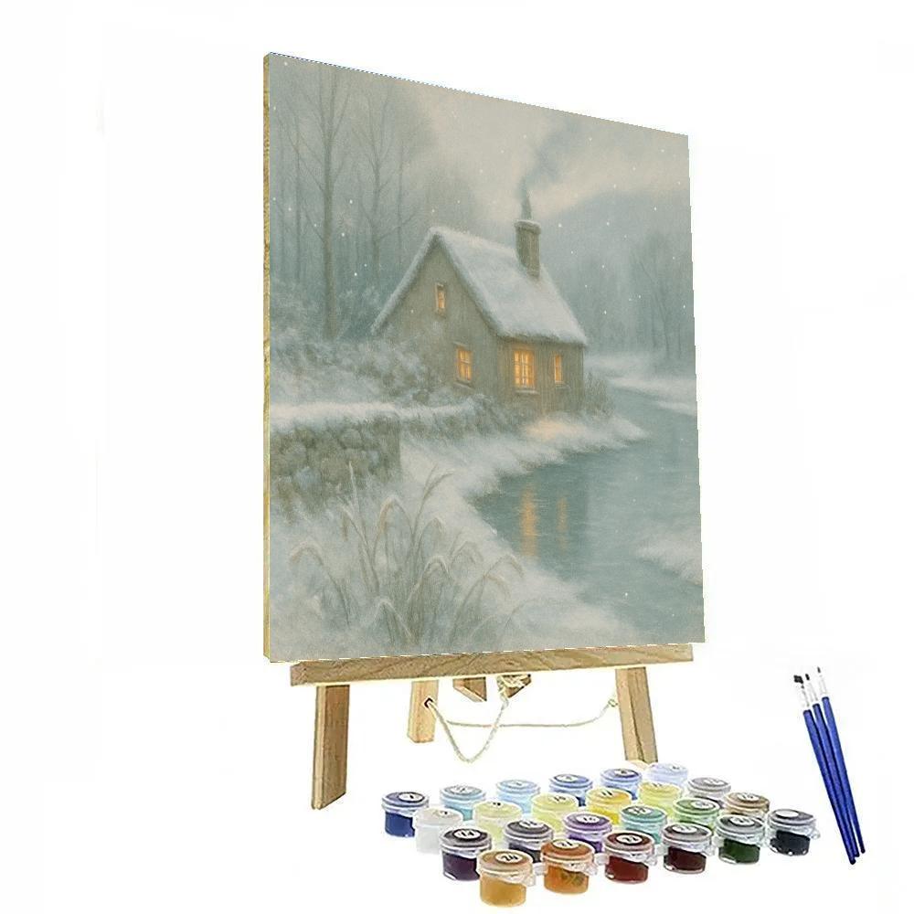 Riverside Cottage Under Falling Snow Veil painting number kit