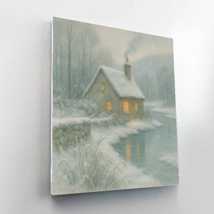 Riverside Cottage Under Falling Snow Veil painting number kit