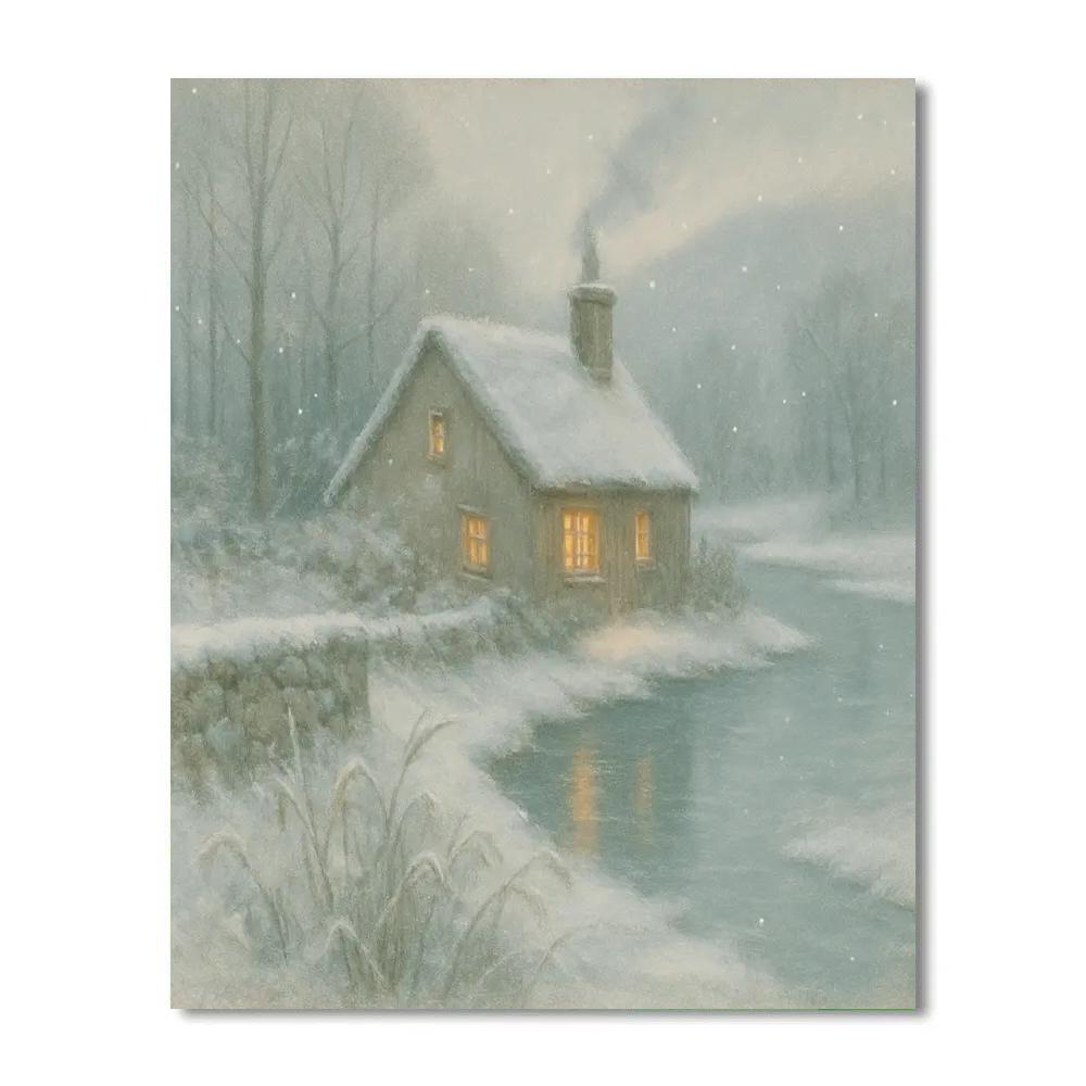 Riverside Cottage Under Falling Snow Veil painting number kit
