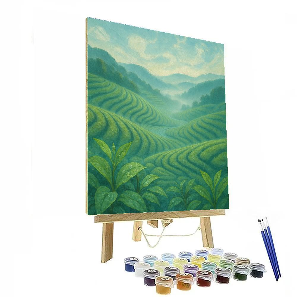 Misty Tea Fields Under A Winding Sky paint by number