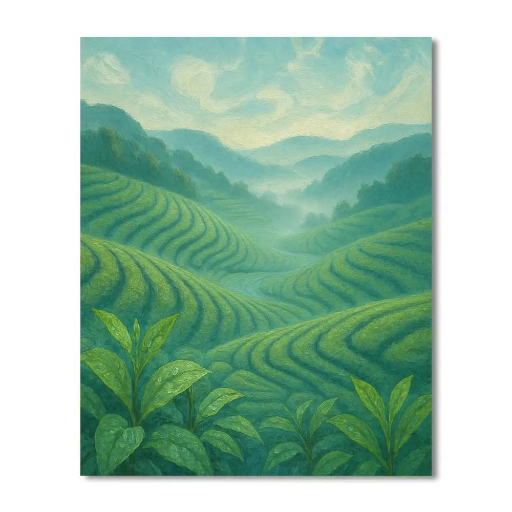 Misty Tea Fields Under A Winding Sky paint by number