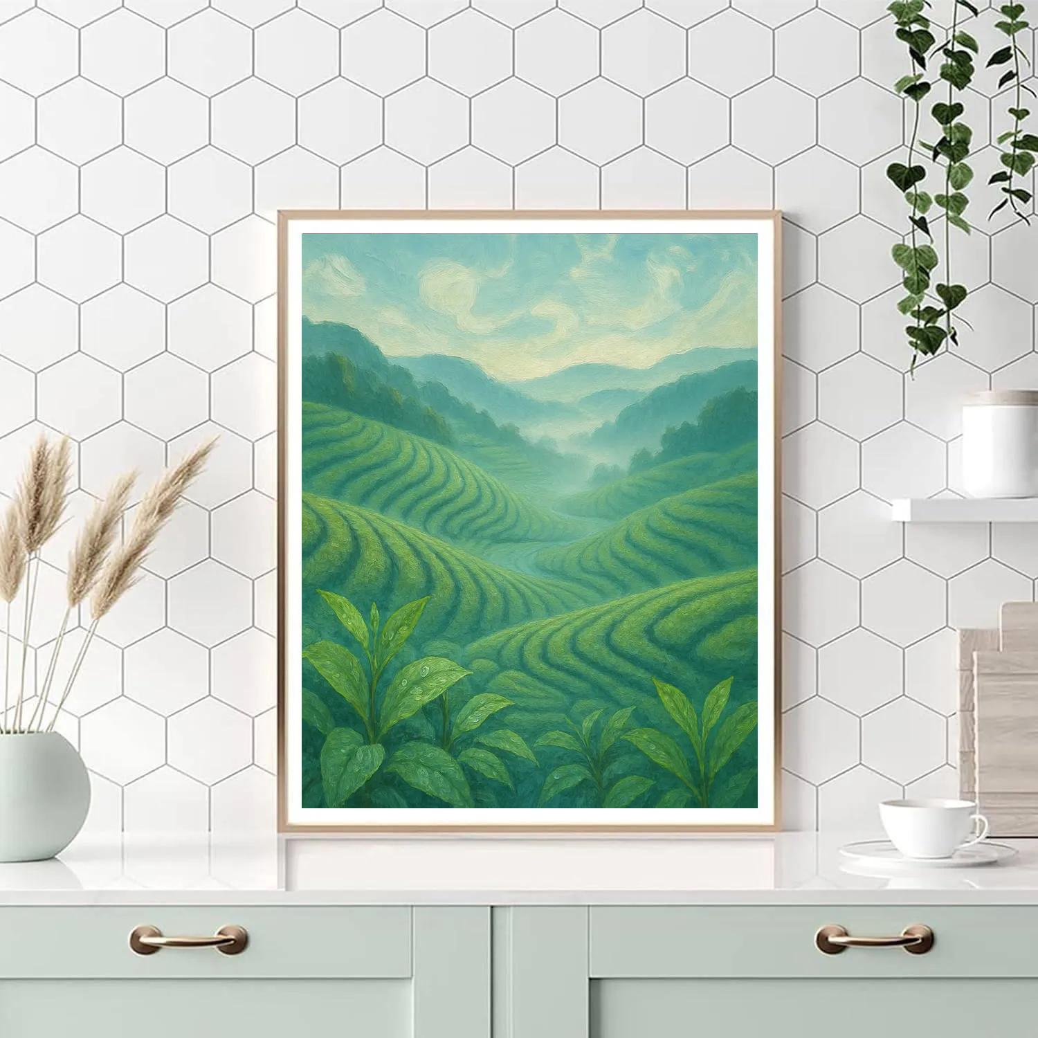 Misty Tea Fields Under A Winding Sky paint by number