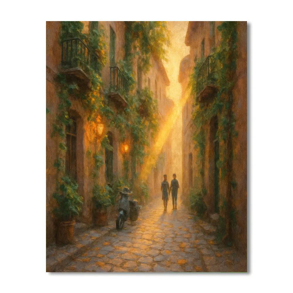 Golden Hour Alley With Leafy Balconies Numbered painting kits