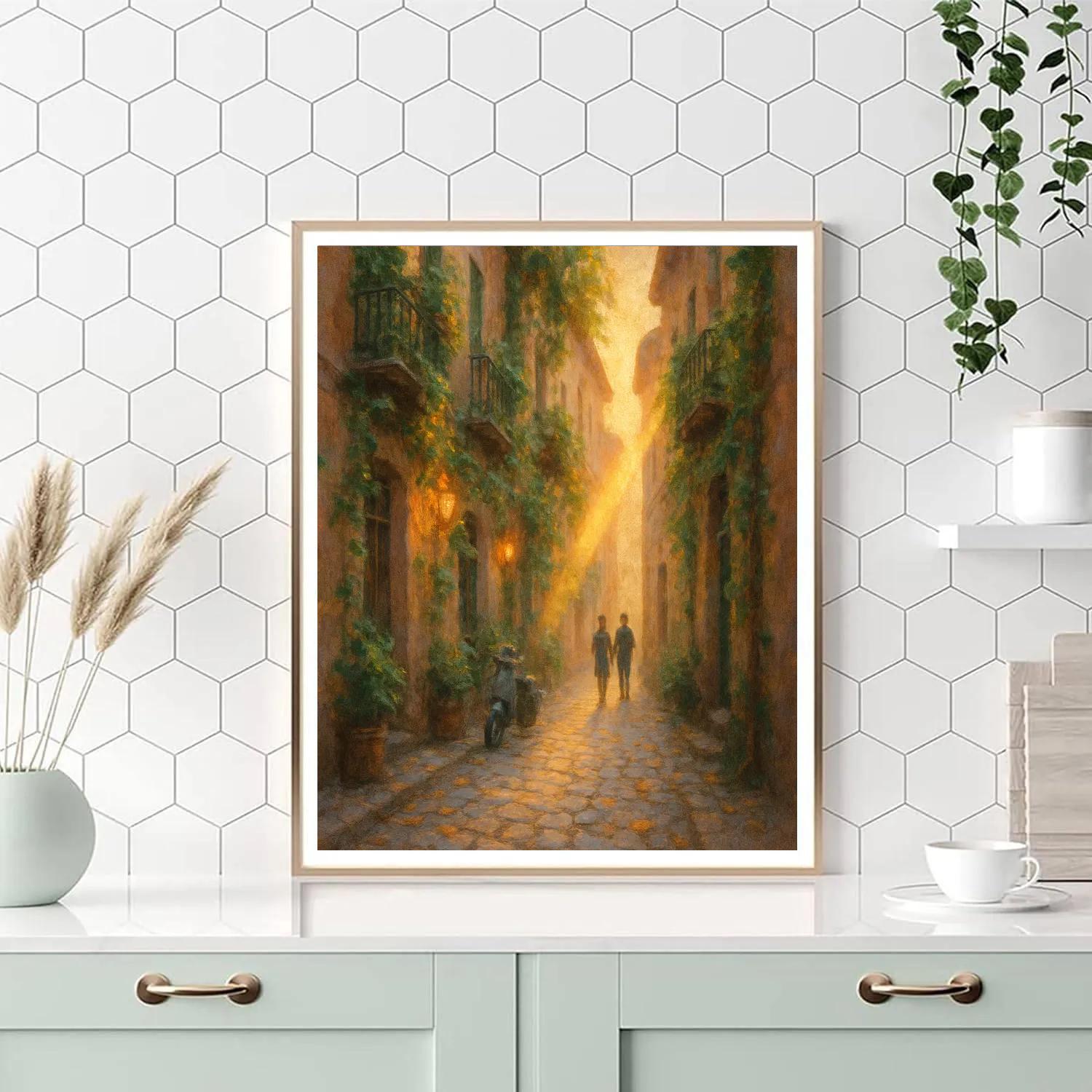 Golden Hour Alley With Leafy Balconies Numbered painting kits
