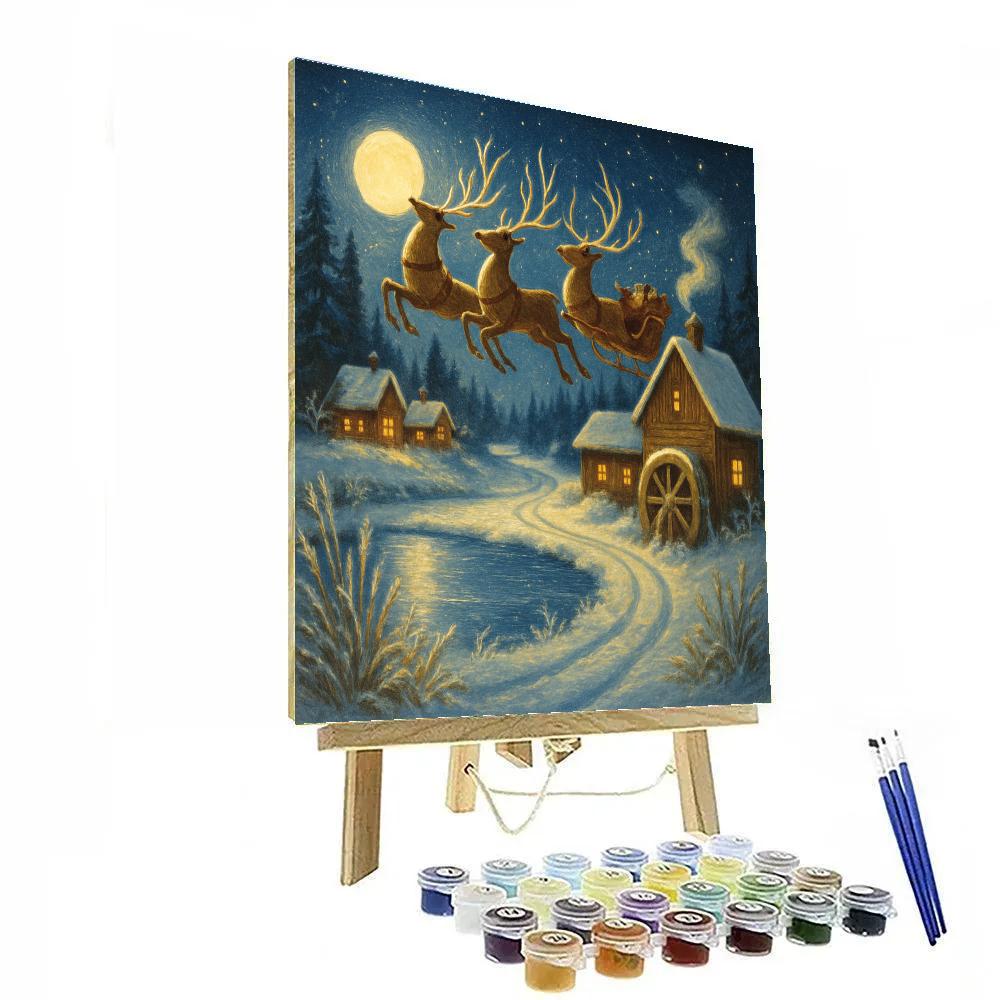 Midnight Reindeer Over The Mill Pond Paint by numbers art