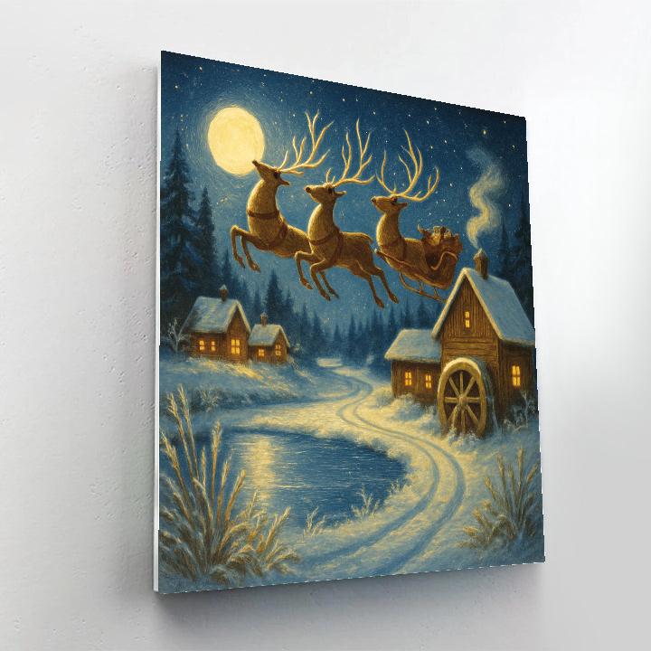 Midnight Reindeer Over The Mill Pond Paint by numbers art